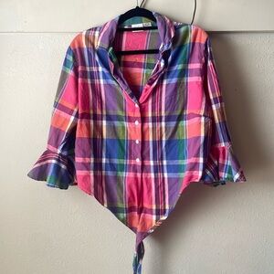 Vintage Carolina Colours multi color plaid cropped button down tie blouse